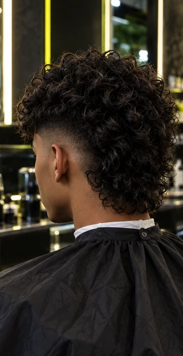 Modern mullet + burst fade, rear three-quarter view of the same client