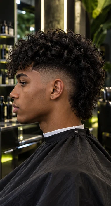 Modern mullet + burst fade, side profile view of the same client