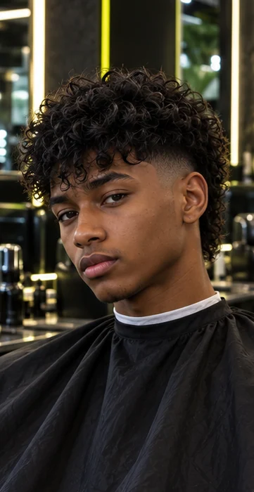 Modern mullet + burst fade, front three-quarter view of the same client