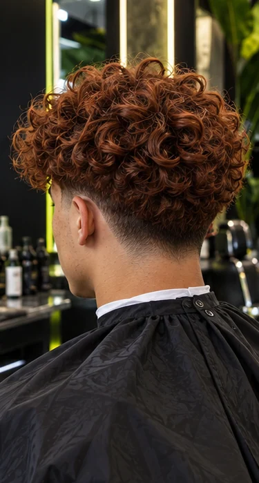 Curly taper + shape, rear three-quarter view of the same client