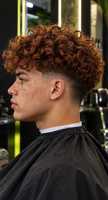 Curly taper + shape, side profile view of the same client