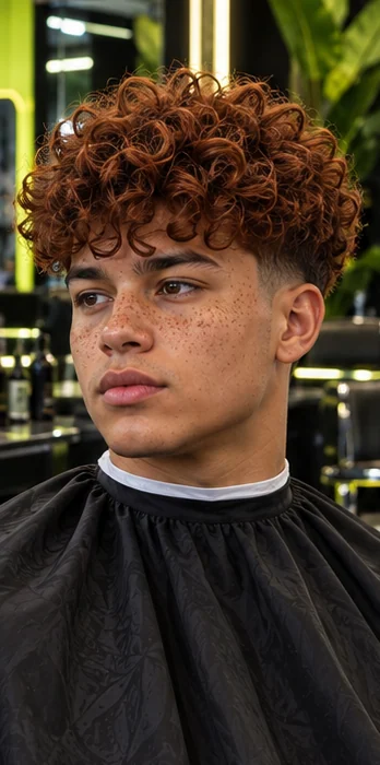 Curly taper + shape, front three-quarter view of the same client