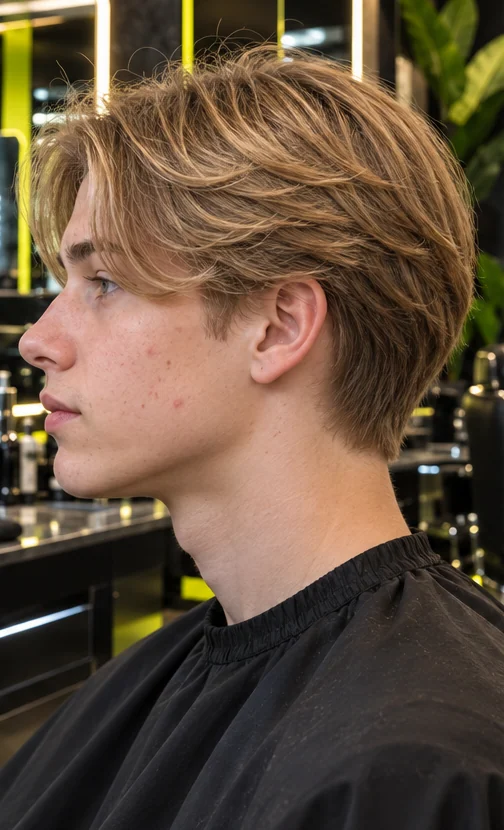 Curtains / middle part, side profile view of the same client
