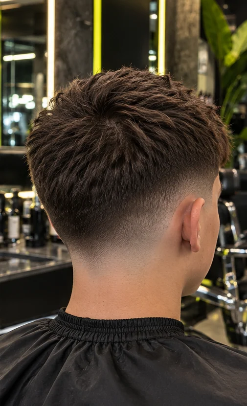 Textured crop + low fade, rear three-quarter view of the same client