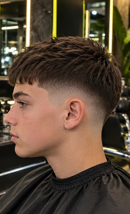 Textured crop + low fade, side profile view of the same client