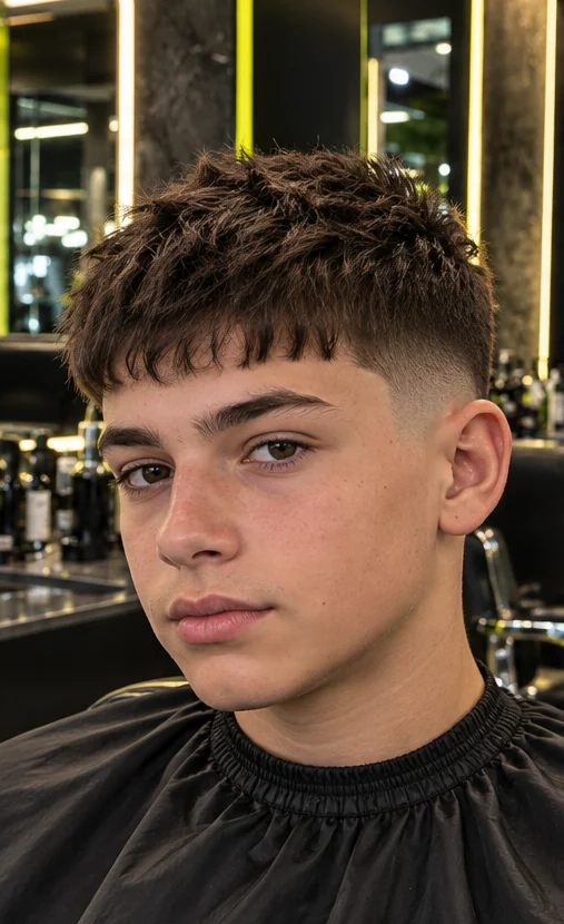 Textured crop + low fade, front three-quarter view of the same client