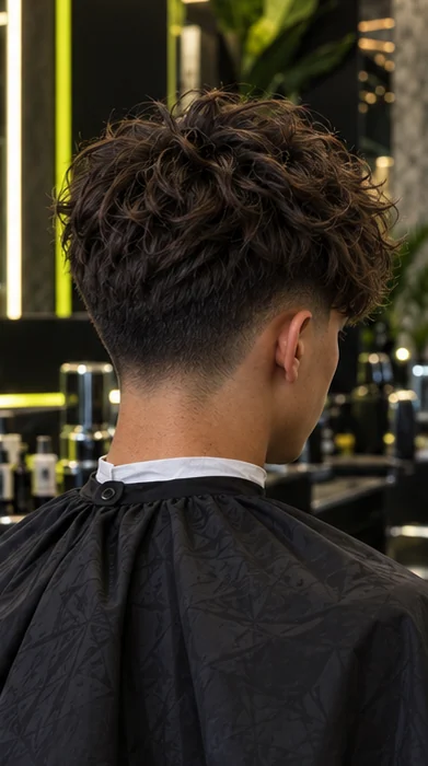 Textured fringe + low taper, rear three-quarter view of the same client