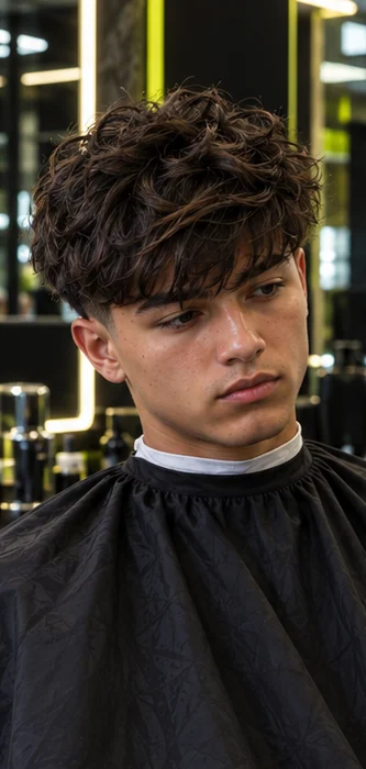 Textured fringe + low taper, front three-quarter view of the same client